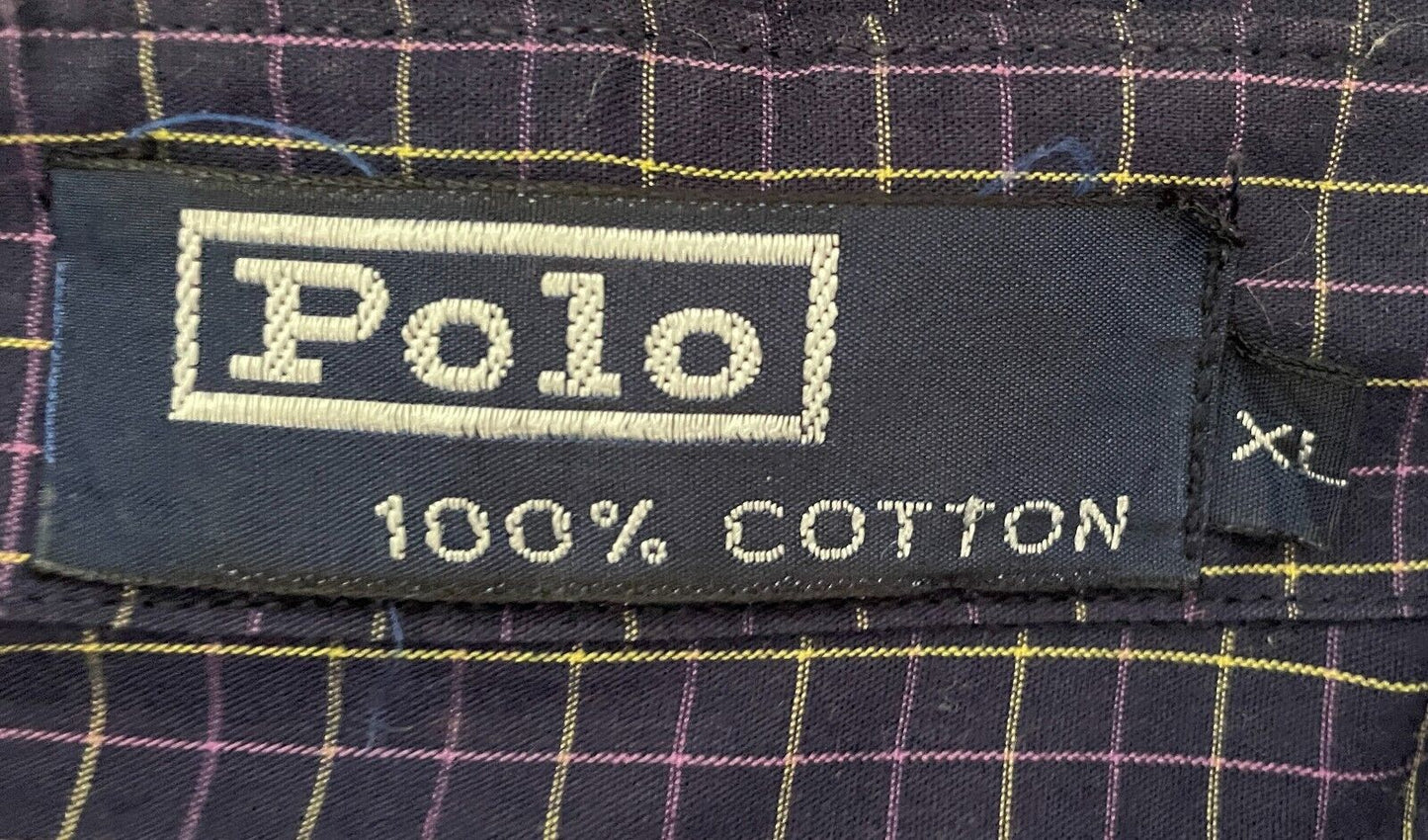 Mens XL POLO Cotton Check Short Sleeve Shirt Navy PurpleYellow Print