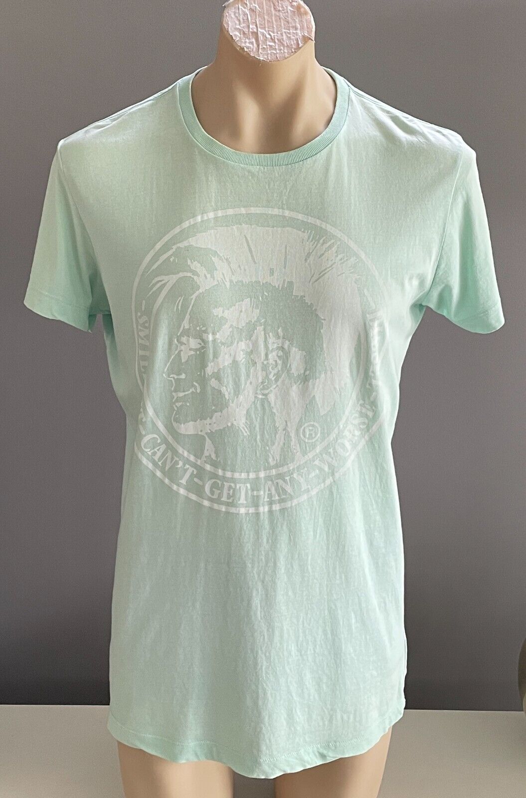 DIESEL Mens T-Shirt XL Mohawk Graphic Mint Green Motivation Tee Crew Neck NEW