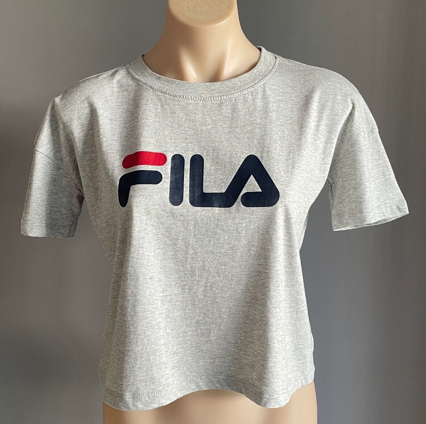 FILA T-Shirt Grey Marl Navy Red Sh/Sleeve Crop Top Logo Ladies Size XS 10 12 NEW