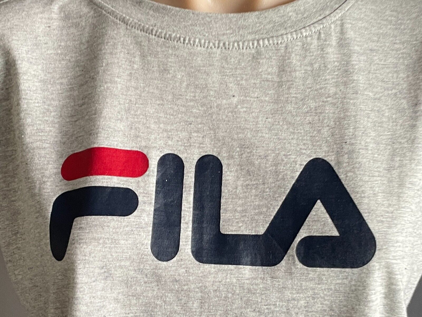 FILA T-Shirt Grey Marl Navy Red Sh/Sleeve Crop Top Logo Ladies Size XS 10 12 NEW