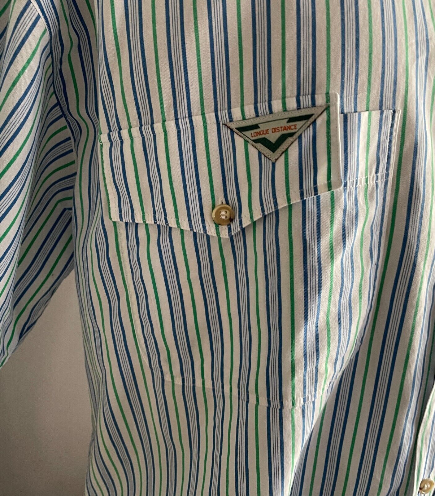 Mens LONGUE DISTANCE Short Sleeve Button Up Shirt White Blue Green Stripe Size L
