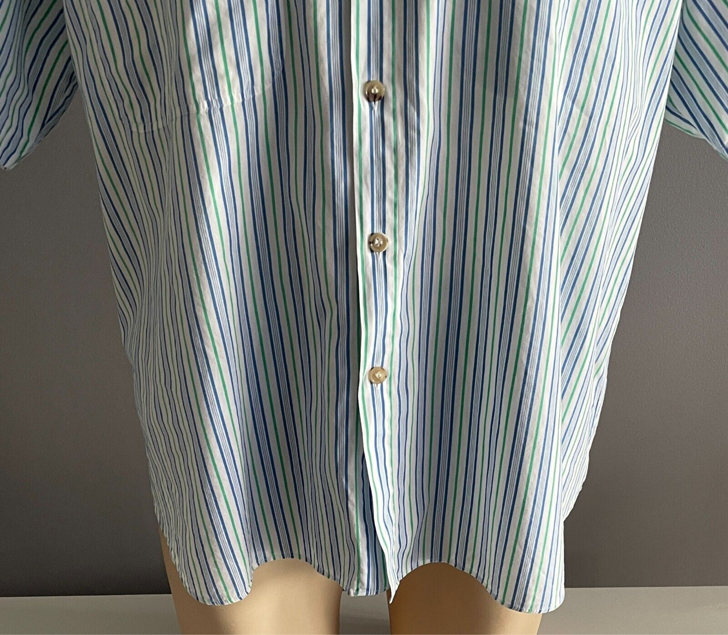Mens LONGUE DISTANCE Short Sleeve Button Up Shirt White Blue Green Stripe Size L