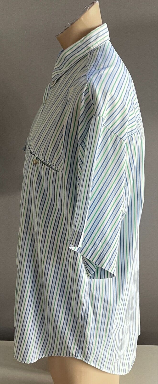 Mens LONGUE DISTANCE Short Sleeve Button Up Shirt White Blue Green Stripe Size L