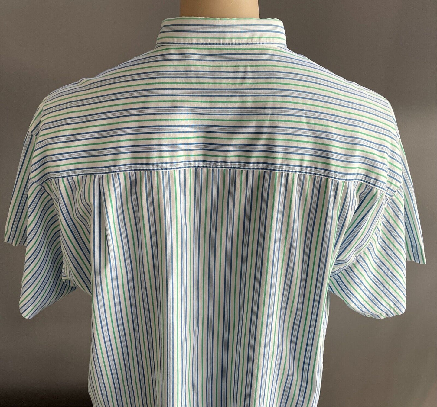 Mens LONGUE DISTANCE Short Sleeve Button Up Shirt White Blue Green Stripe Size L