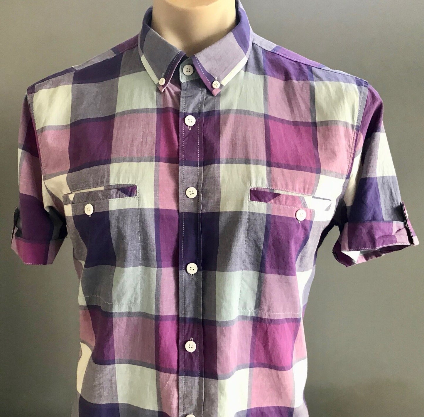 Mens MAXX Short Sleeve Shirt Purple Light Blue White Check Print Size L 102cm