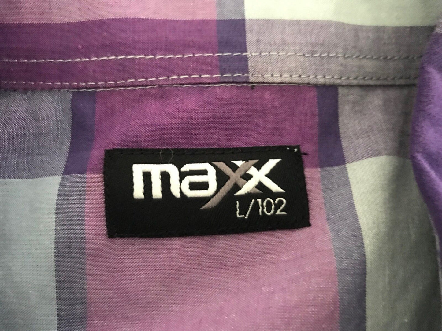 Mens MAXX Short Sleeve Shirt Purple Light Blue White Check Print Size L 102cm