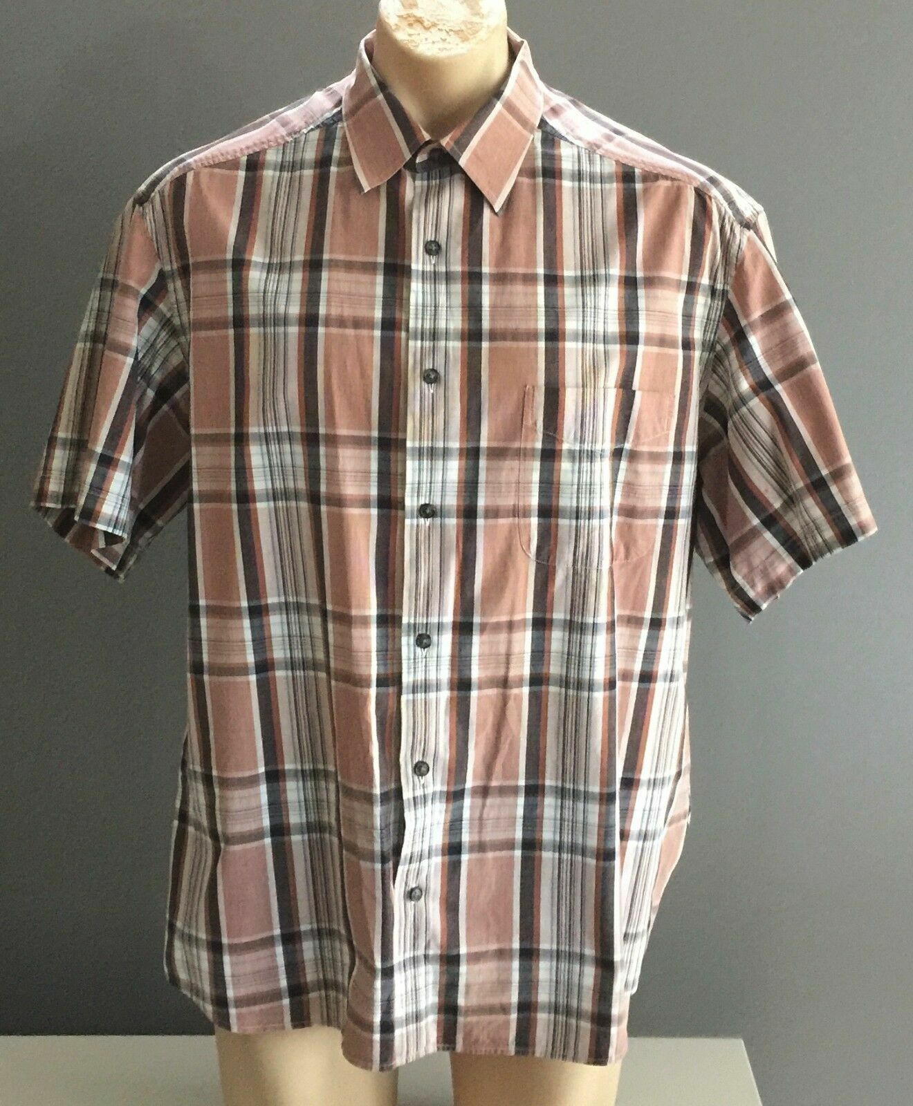 Mens COUNTRY ROAD Short Sleeve Shirt Brown & Blue Check Dressy Casual Size L 42