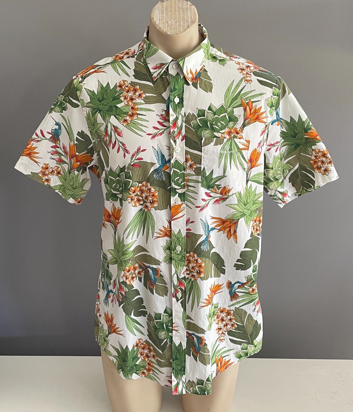 GANT Shirt Short Sleeve Colourful Garden Hummingbird Mens Size L 41 42 Regular