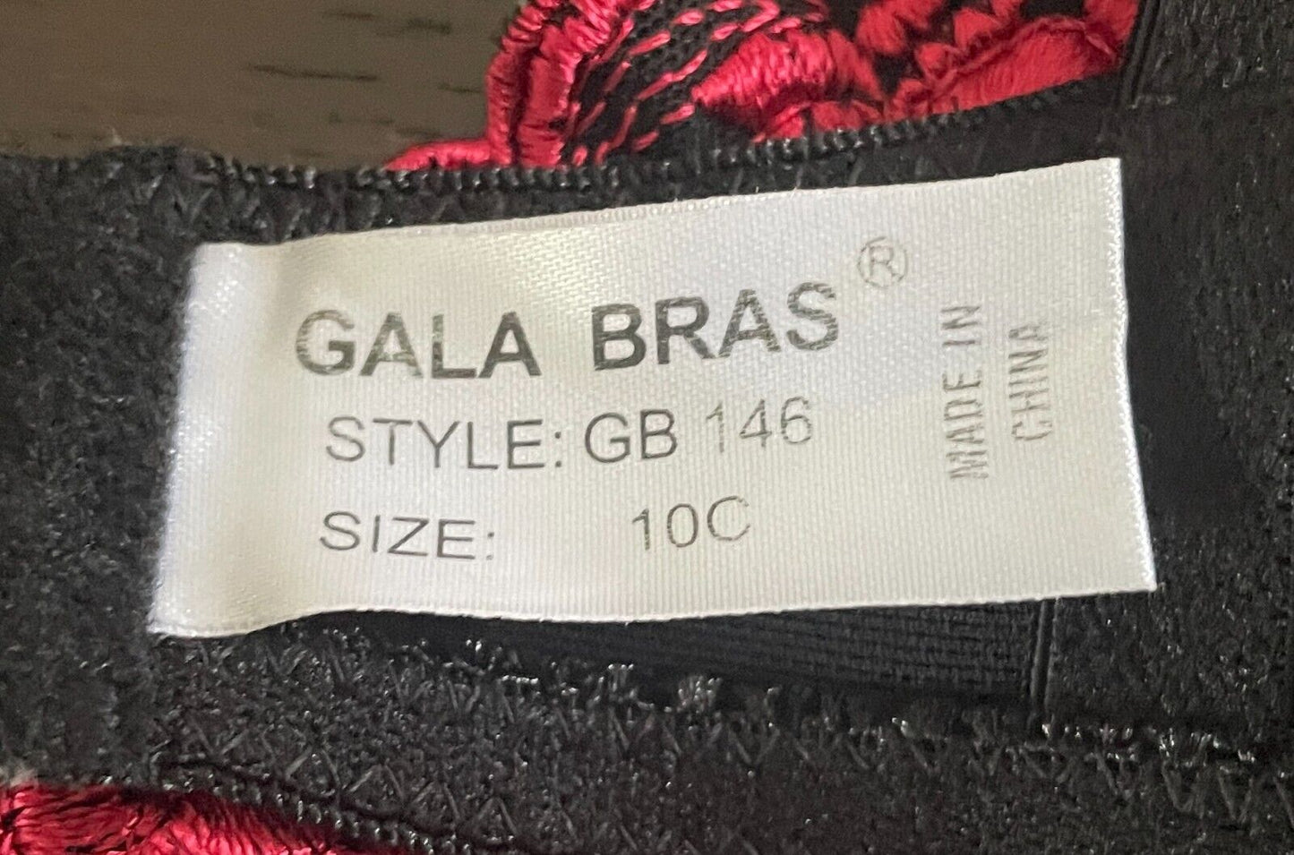 GALA BRAS Bra 10C Black Net & Red Embroidered Trim Underwire Balconette 10 C