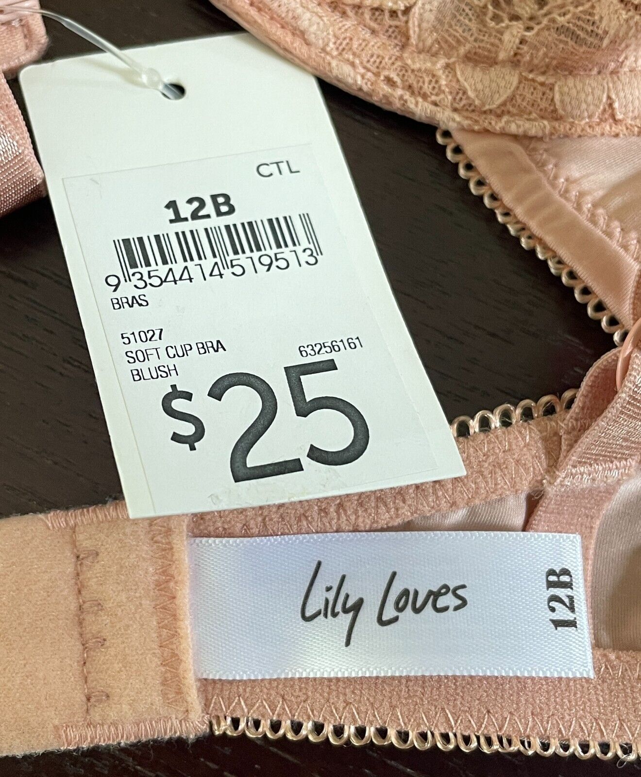 LILY LOVES Bra 12B Blush Lace Soft Cup Underwire Bra Ladies Size 12 B NEW