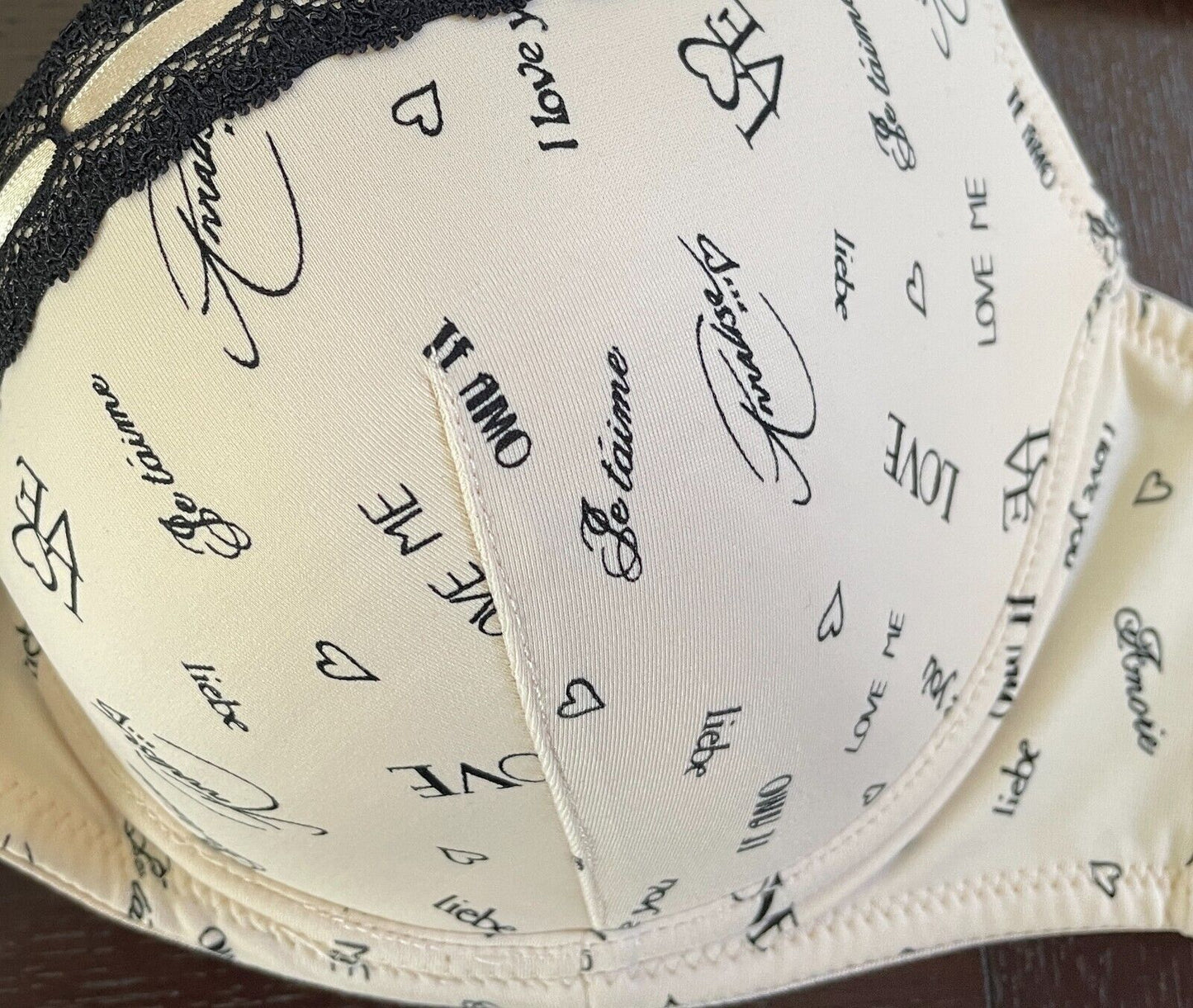 ANNALISE Bra 12DD Underwire "Love" Print Beige Black Lace Trim Ladies Size 12 DD