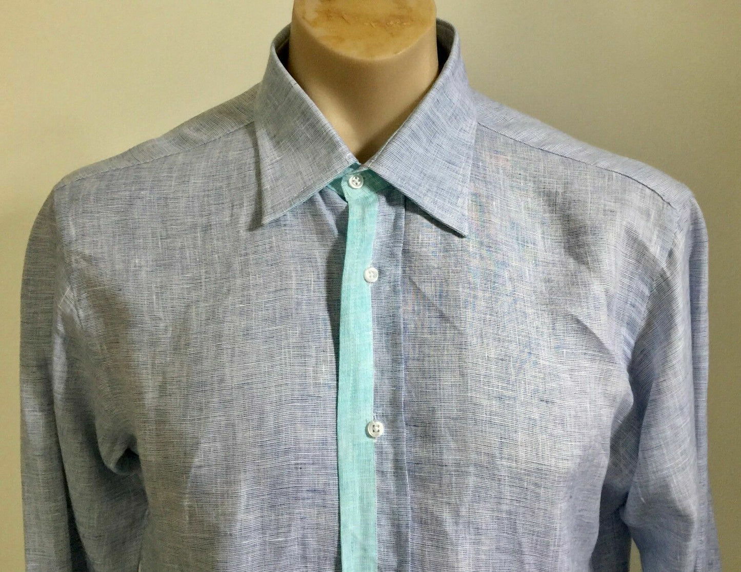 Mens VANITY Clothing Linen Shirt Long Sleeve Blue & Mint Trim Size M NEW
