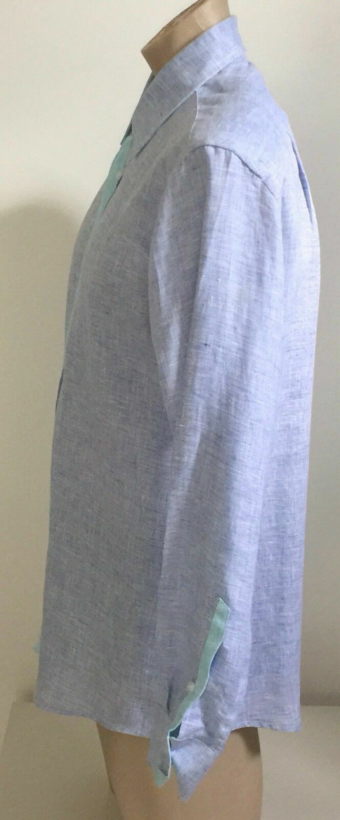Mens VANITY Clothing Linen Shirt Long Sleeve Blue & Mint Trim Size M NEW