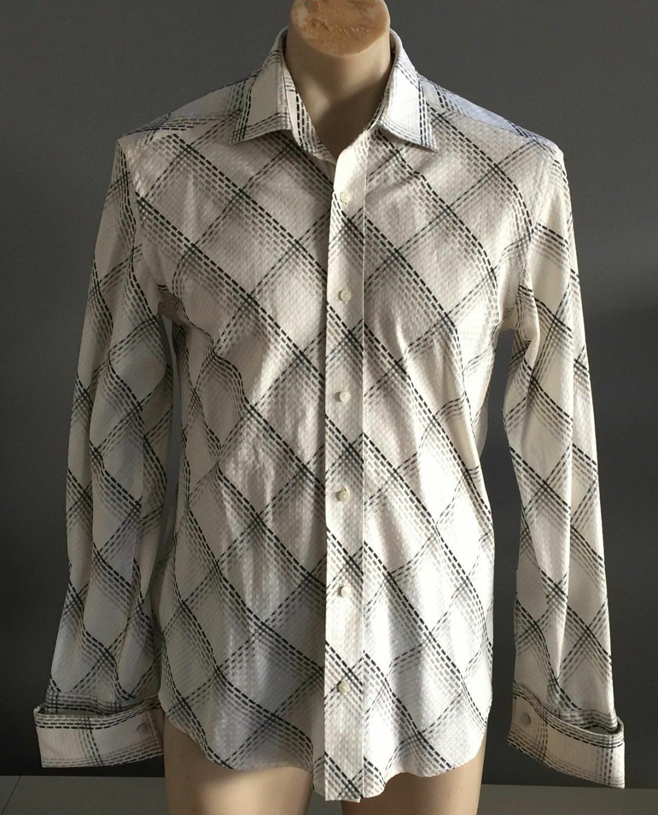 Mens CALIBRE Dress Shirt Long Sleeve Double Cuff (Cufflinks) Check Size M NEW