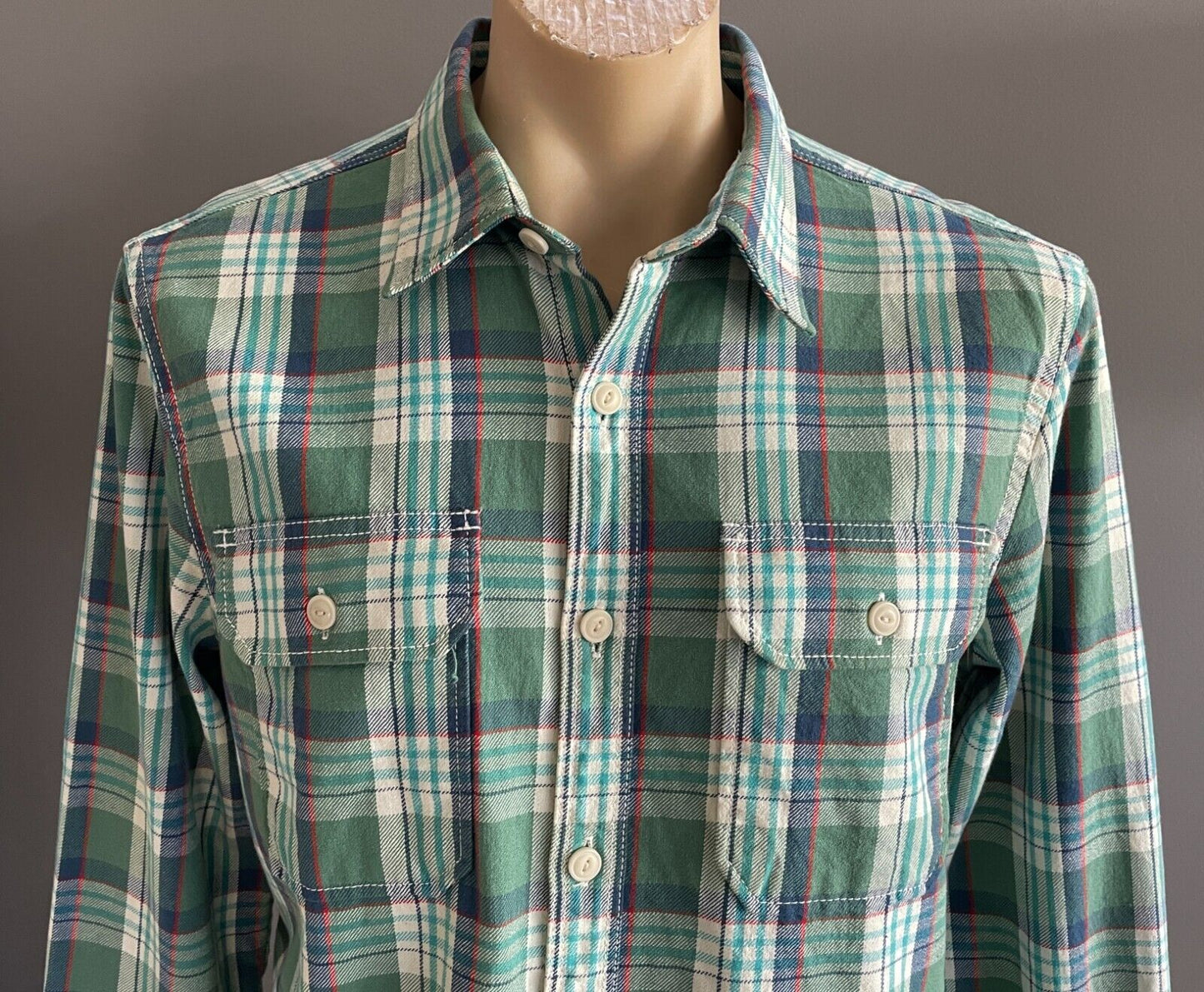 Mens EDDY BAUER Check Shirt Classic Fit Green Blue Red White Plaid Long Sleeve M