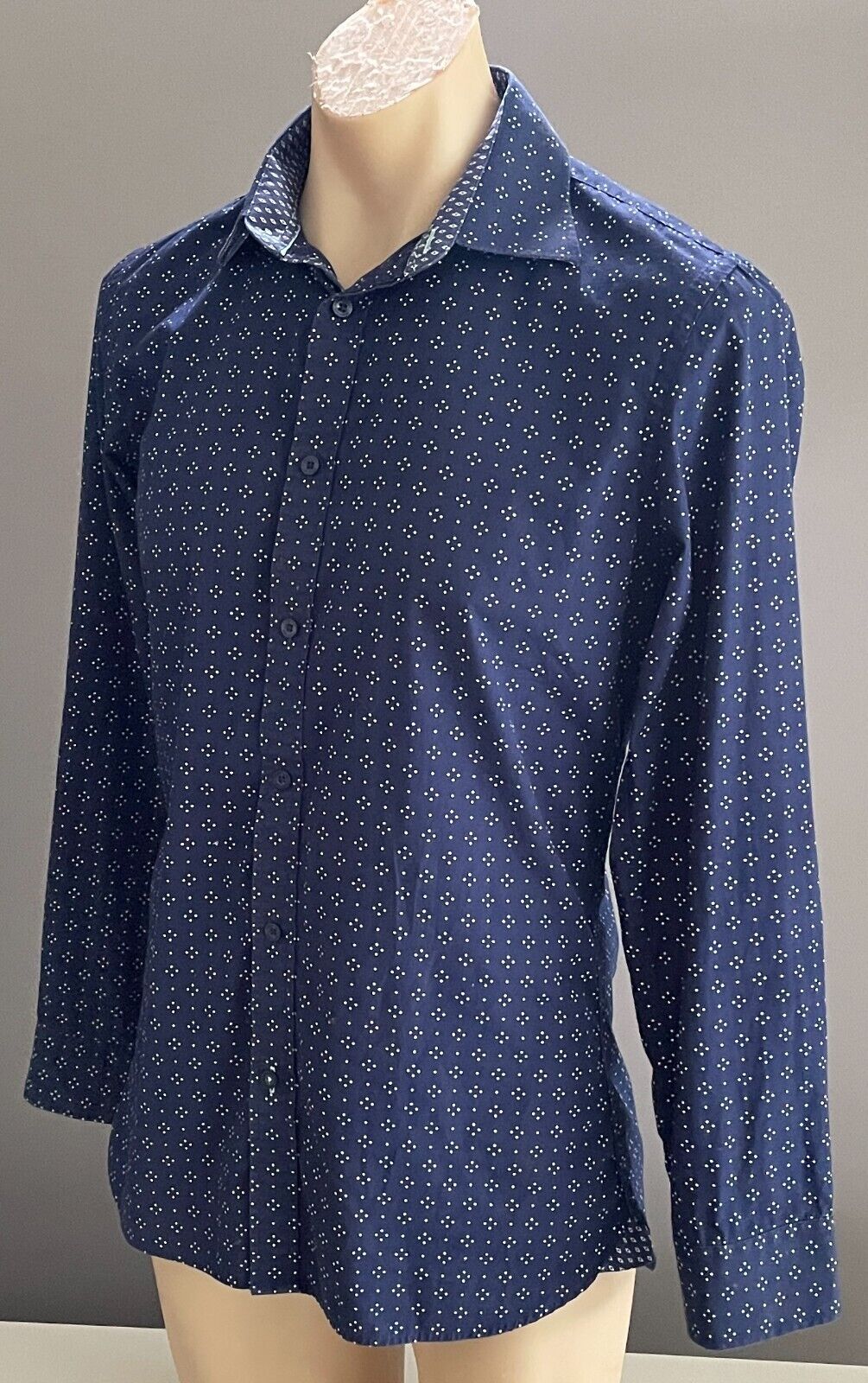 Mens FLINDERS LANE Cotton Shirt Blue & White Print Long Sleeve Button Up Size S