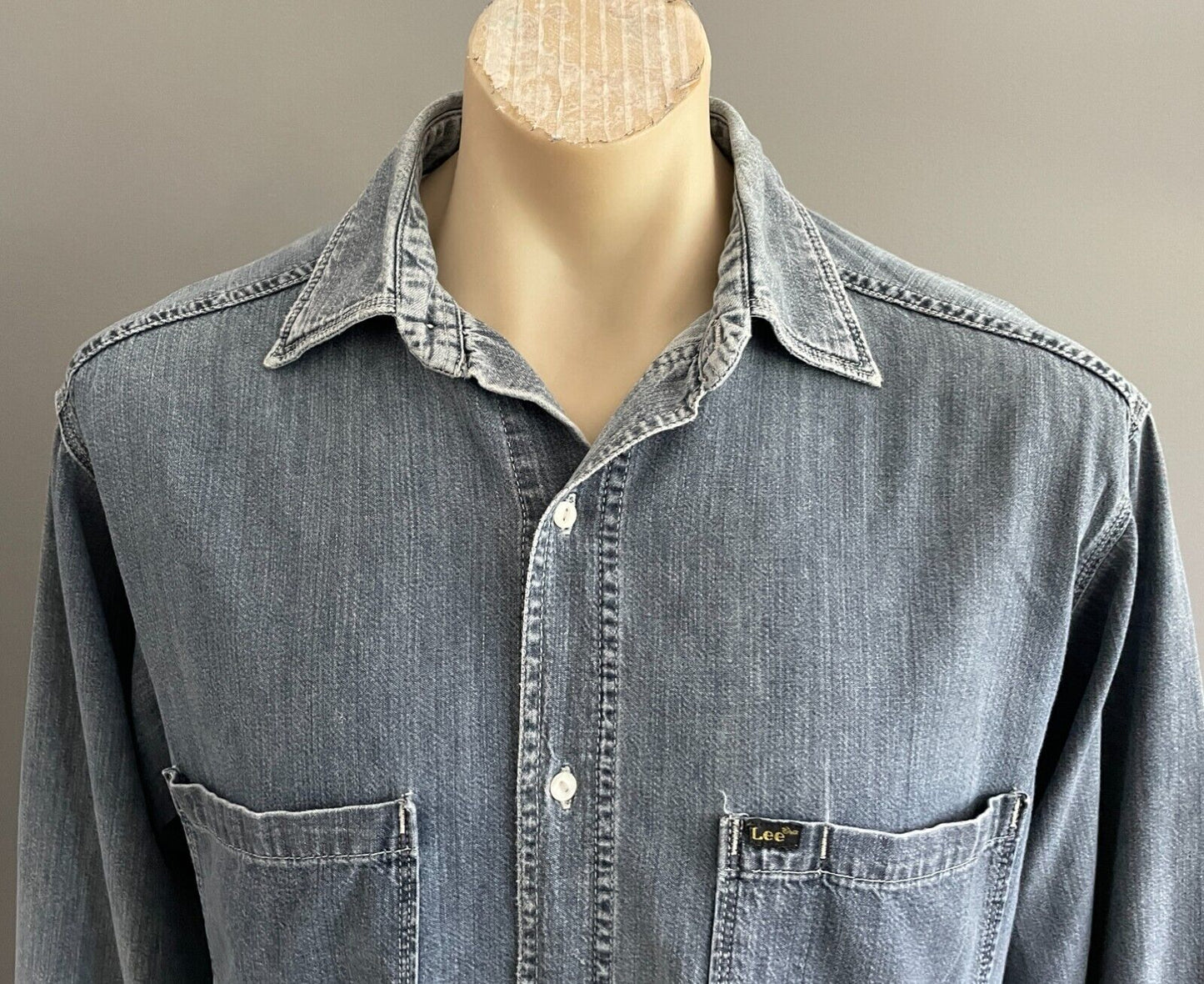LEE Blue Denim Shirt Long Sleeve Distressed Casual Cotton Mens Size S