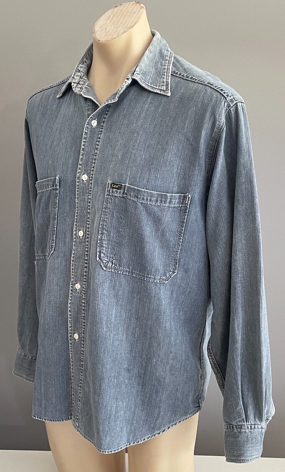 LEE Blue Denim Shirt Long Sleeve Distressed Casual Cotton Mens Size S