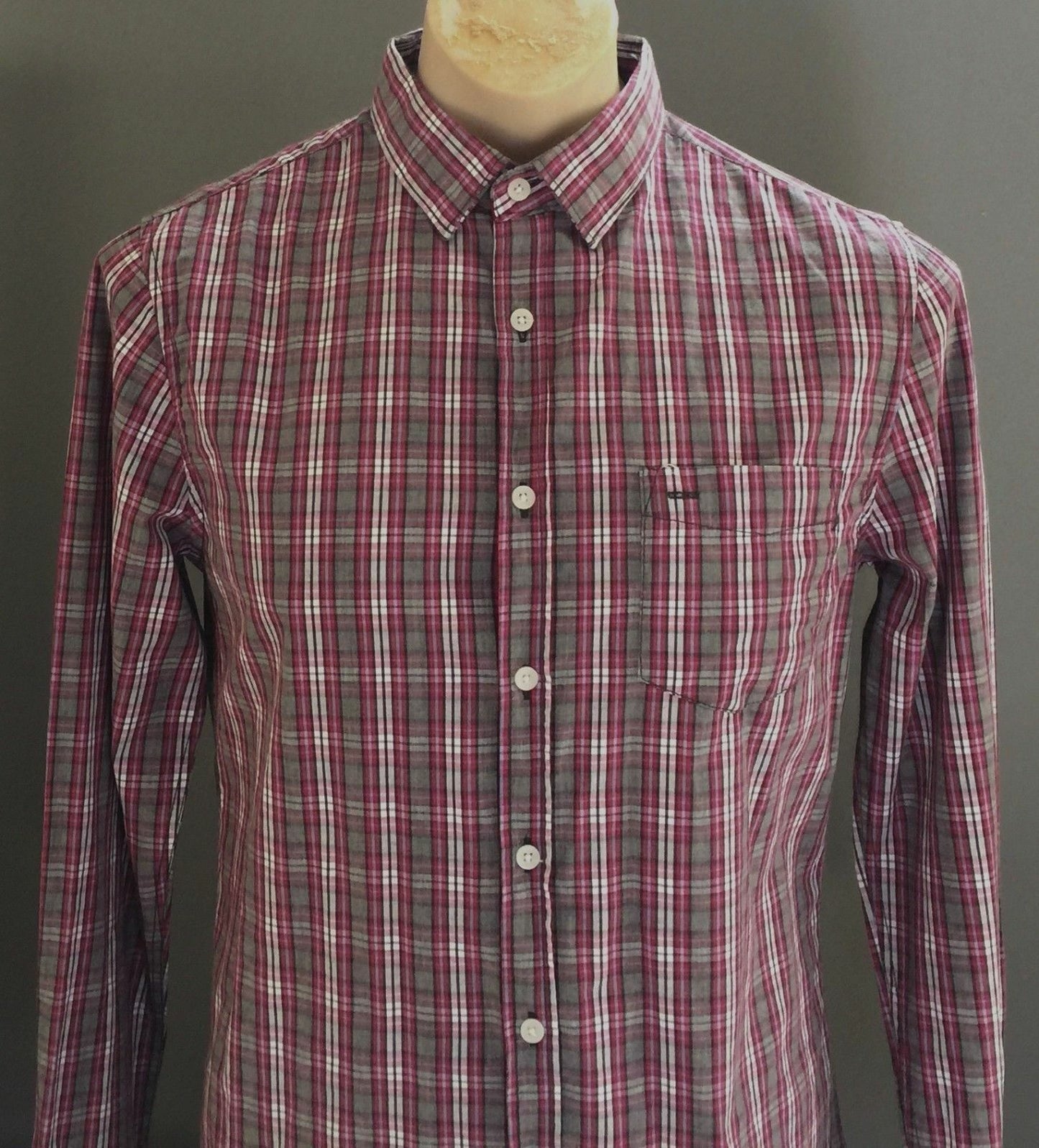 Mens COTTON ON Button Up Shirt Cotton Check Shirt Maroon Long Sleeve Size S