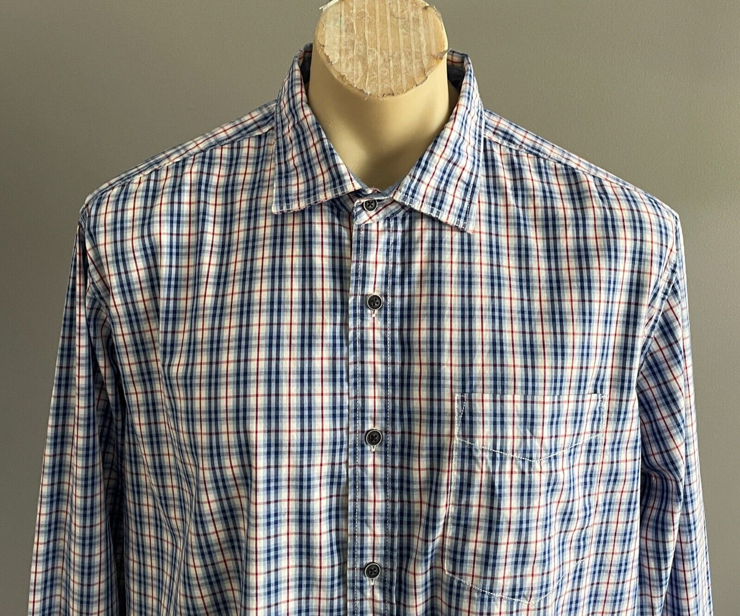 Mens JC LANYON Shirt Blue Red White Check Traditional Fit Long Sleeve Size XL