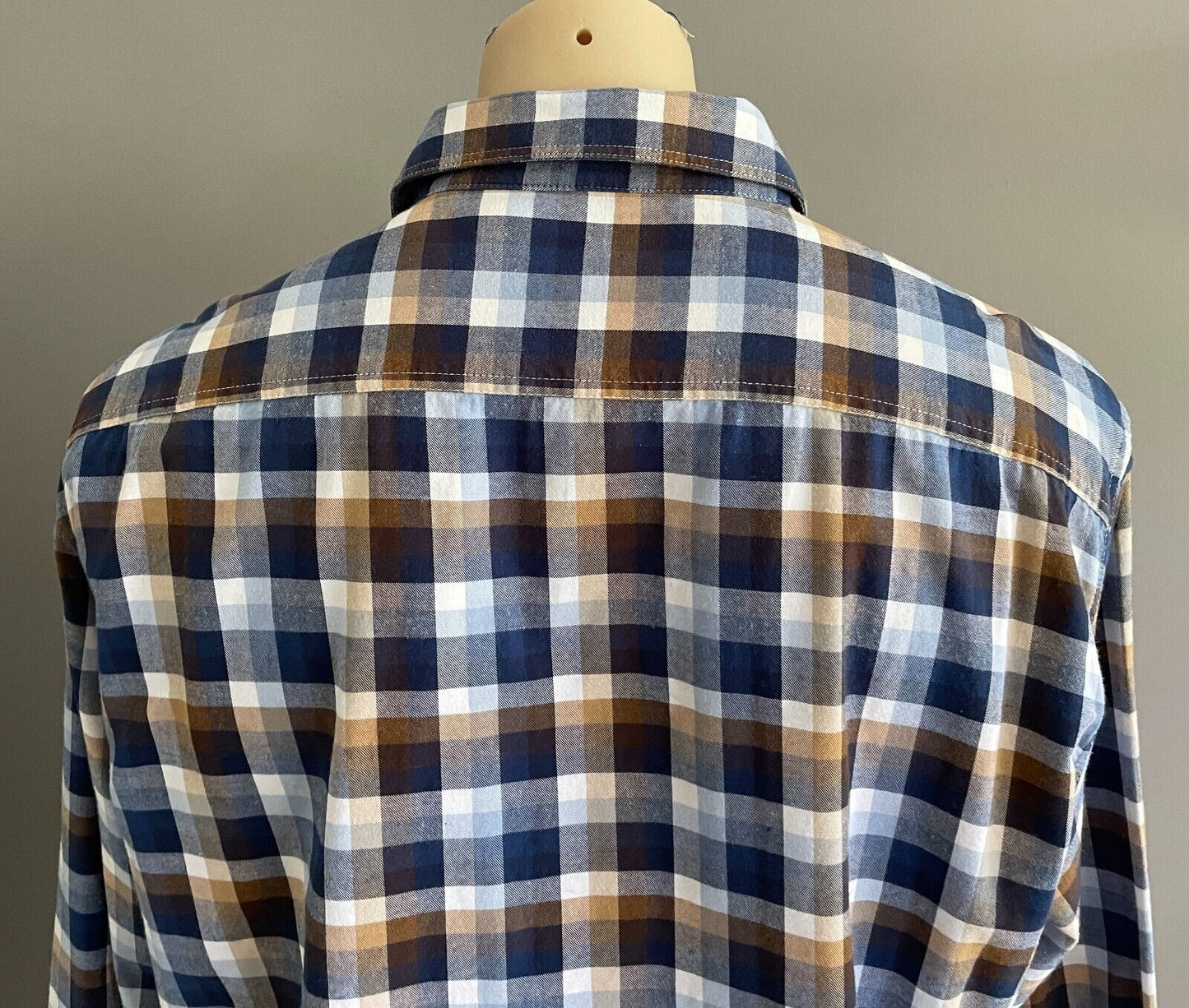 BACK BAY Cotton Shirt Blue Brown White Check Long Sleeve Button Up Mens Size 2XL