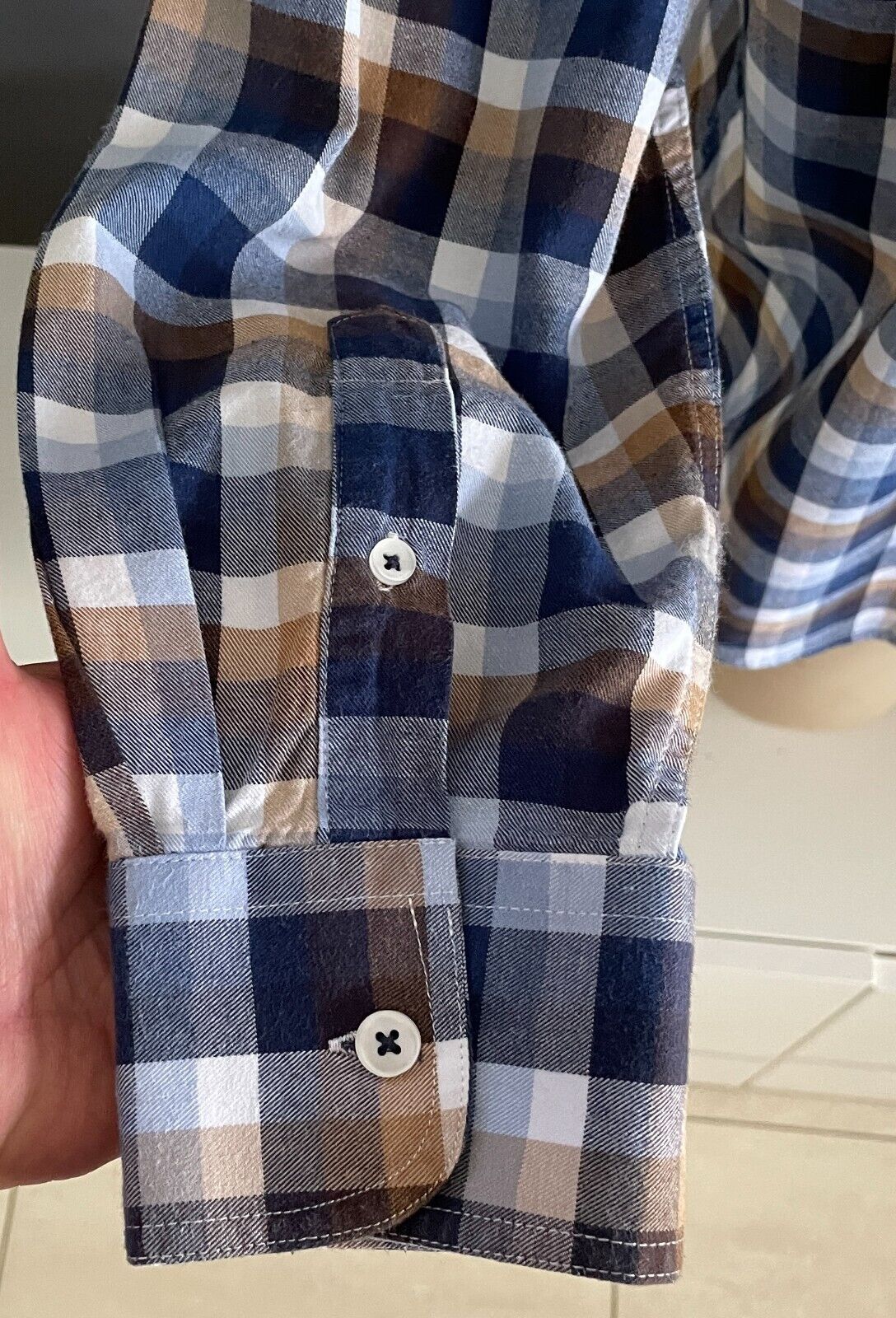 BACK BAY Cotton Shirt Blue Brown White Check Long Sleeve Button Up Mens Size 2XL