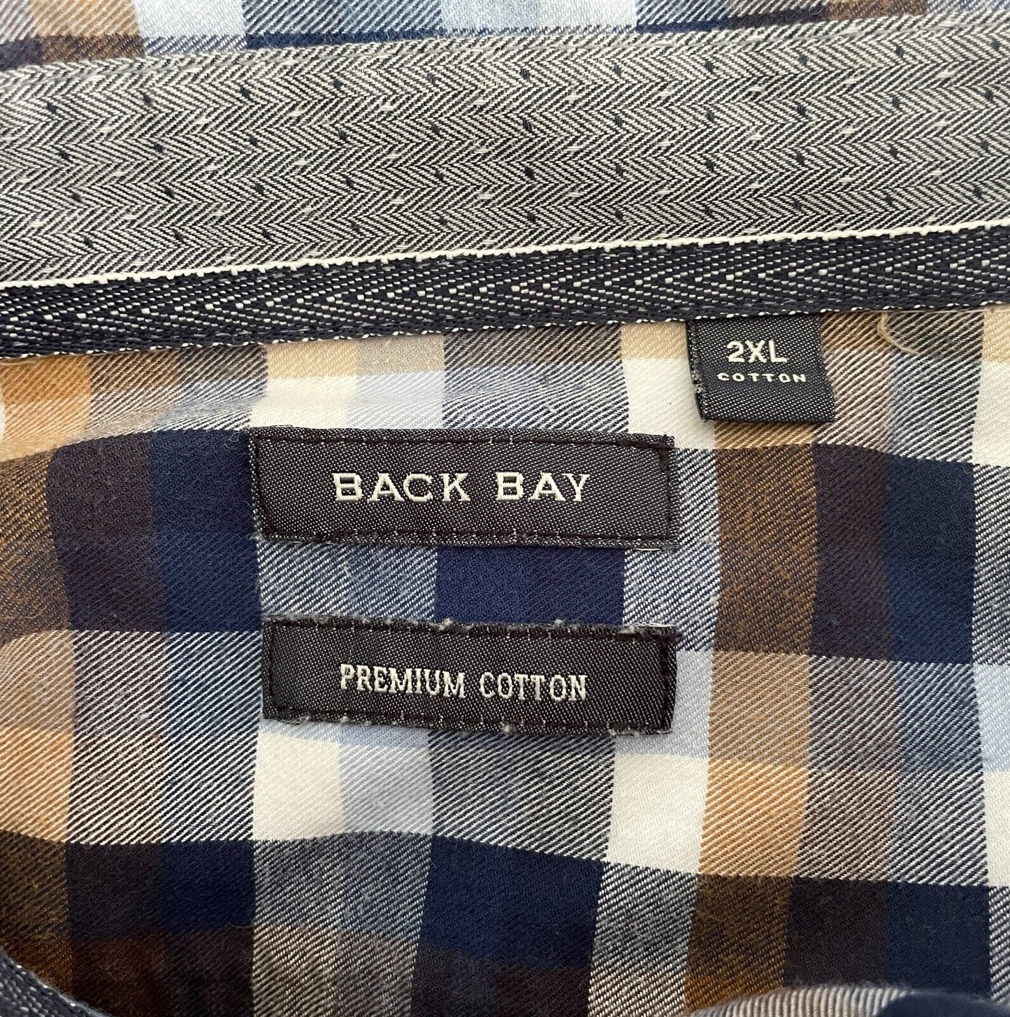BACK BAY Cotton Shirt Blue Brown White Check Long Sleeve Button Up Mens Size 2XL