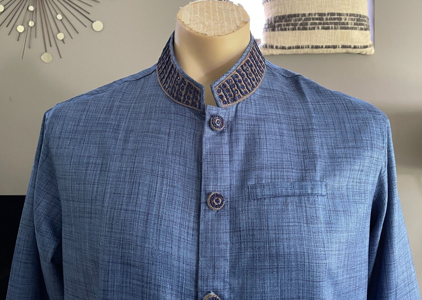 Mens AARONG Panjabi Blue Silk Long Sleeve Button Front Embroidery Beaded Size 44