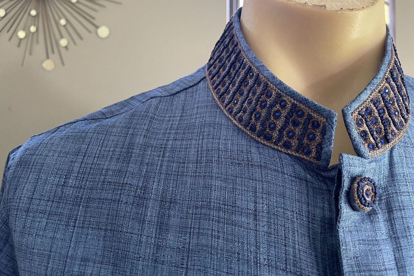 Mens AARONG Panjabi Blue Silk Long Sleeve Button Front Embroidery Beaded Size 44