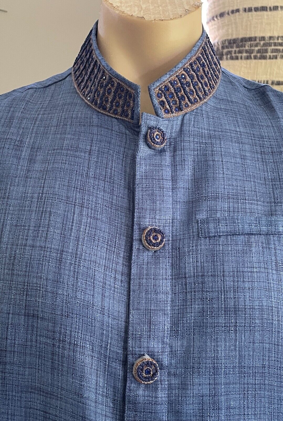 Mens AARONG Panjabi Blue Silk Long Sleeve Button Front Embroidery Beaded Size 44