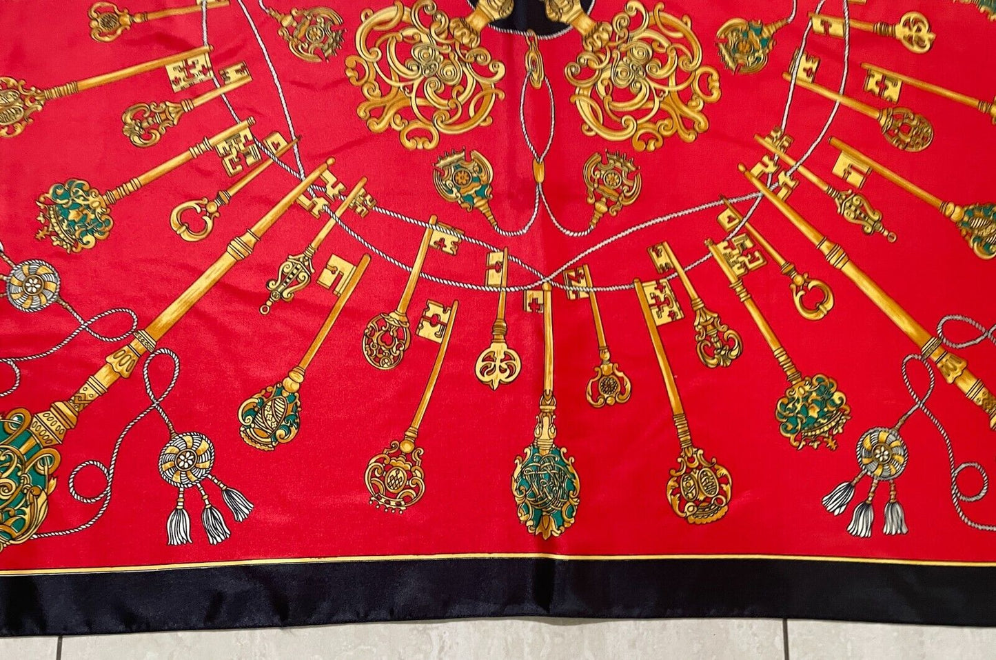 Vintage Square Neck SCARF Red Black & Gold Key & Charm Print 1990s 87x89cm Silky