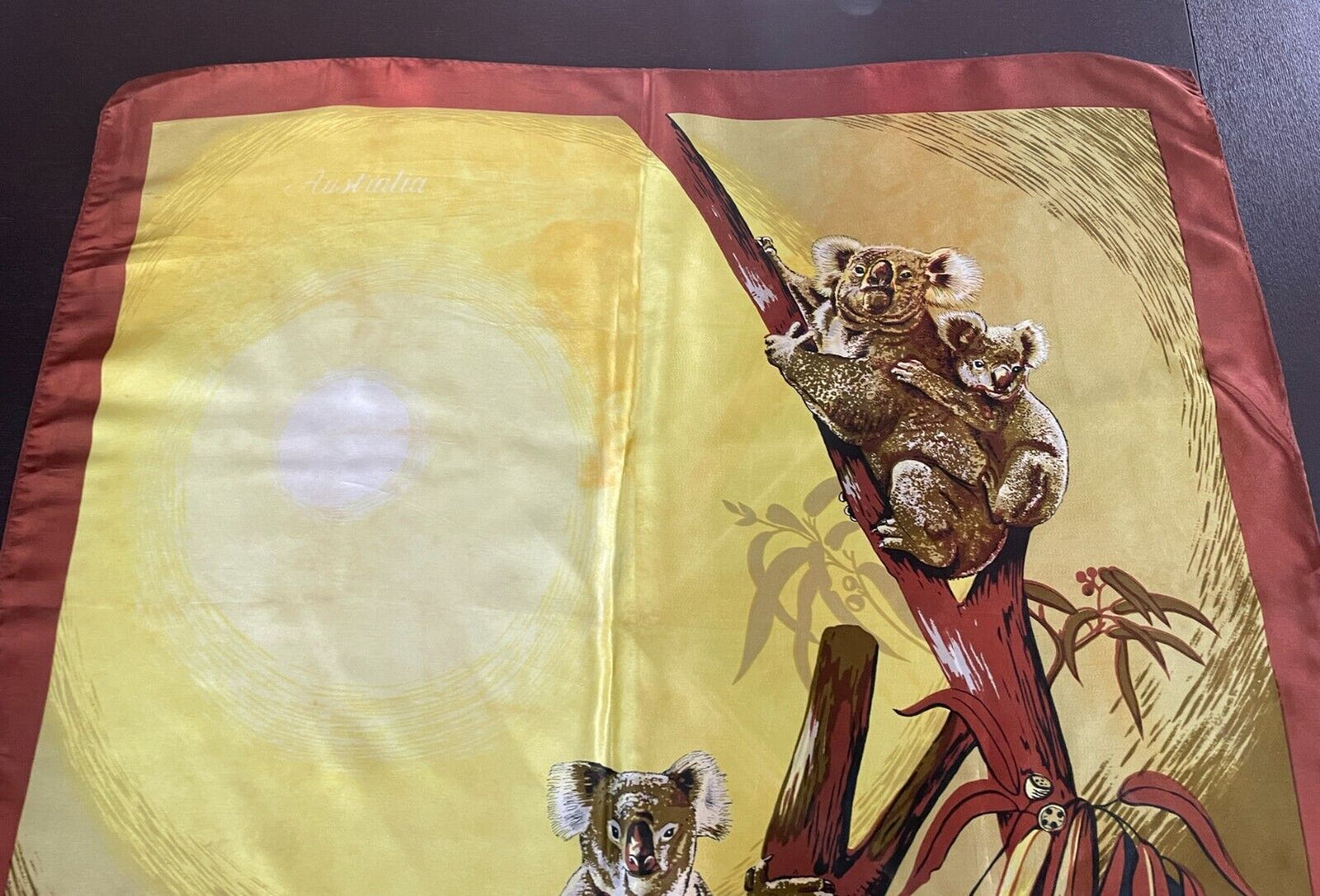 Square Neck SCARF Satin KOALA Vista View Souvenir Yellow Brown Red 66x68cm