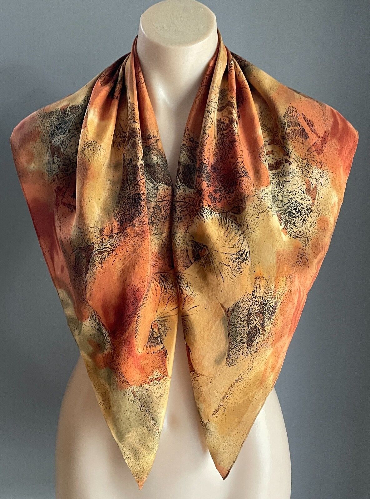 77cm Square Neck SCARF Shades of Russet Gold Khaki Black Orange Print