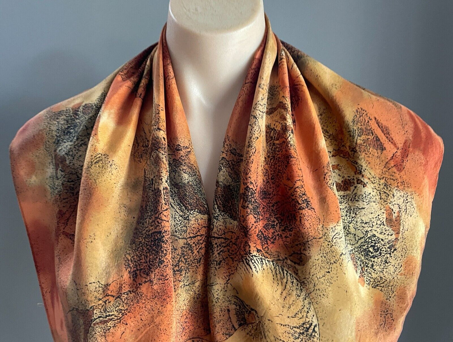 77cm Square Neck SCARF Shades of Russet Gold Khaki Black Orange Print