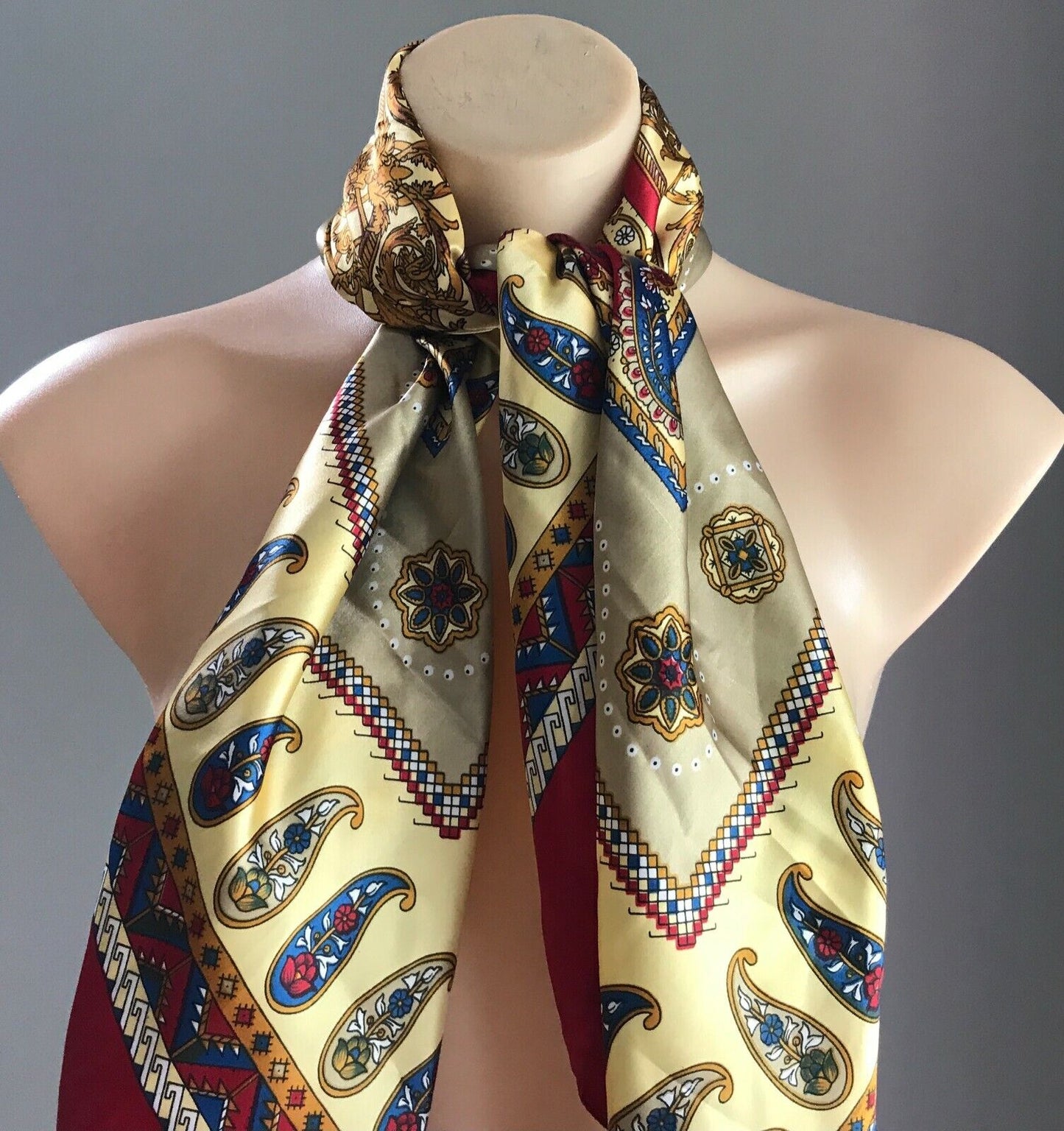 Square Neck SCARF Satin Red Gold Blue Yellow Black White Paisley Shawl 94x96cm