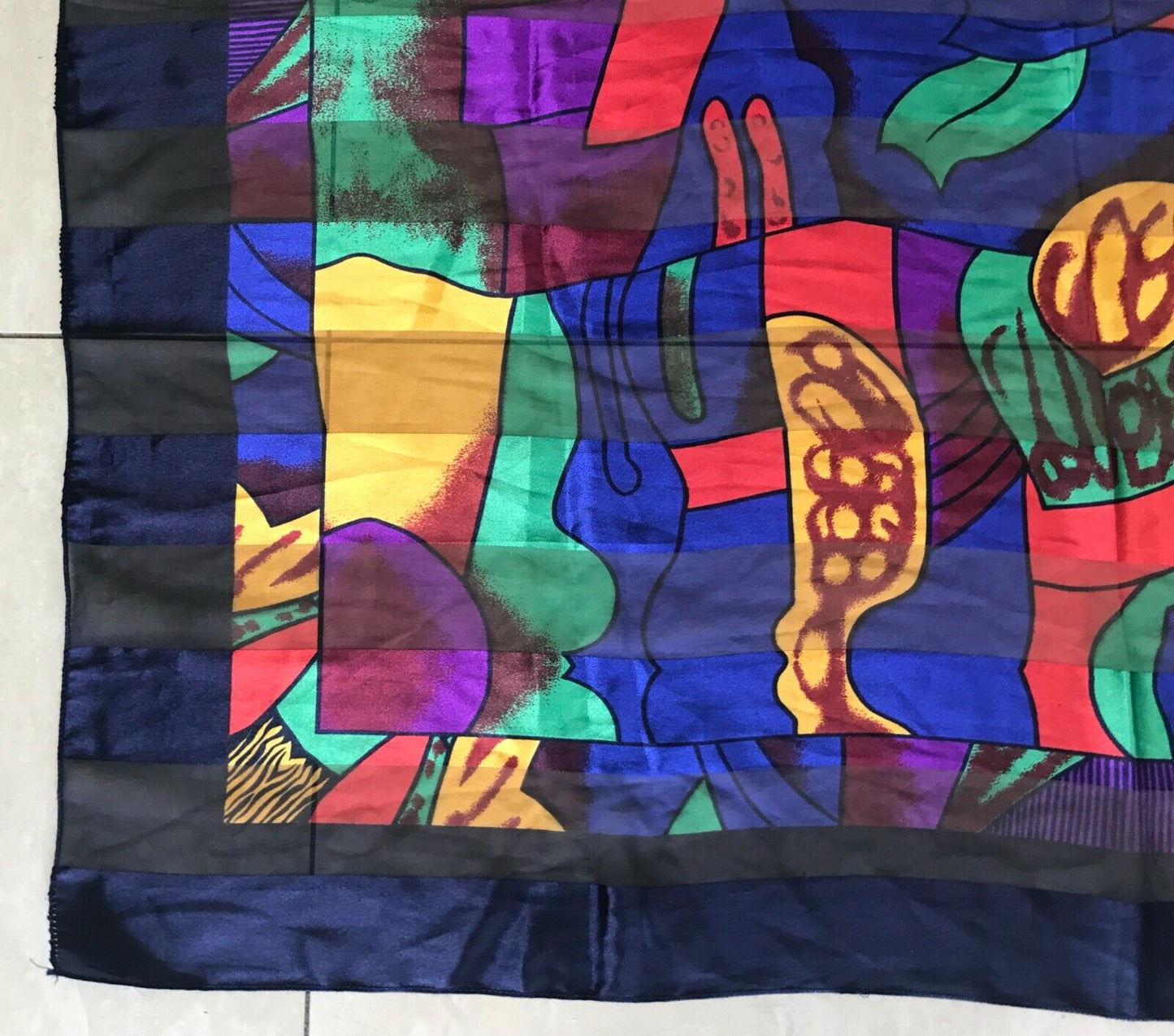 Square Neck SCARF PICASSO Silky Satin Bright Red Black Yellow Blue Art 105cm