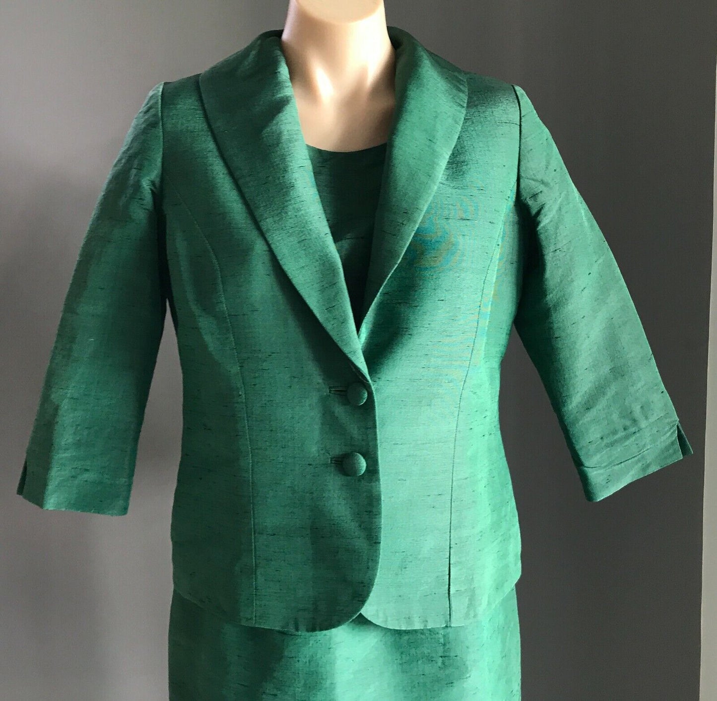 1990's Twin Set Dress & Jacket Green Thai Silk Handmade Tailored Sheath Sz 14 16