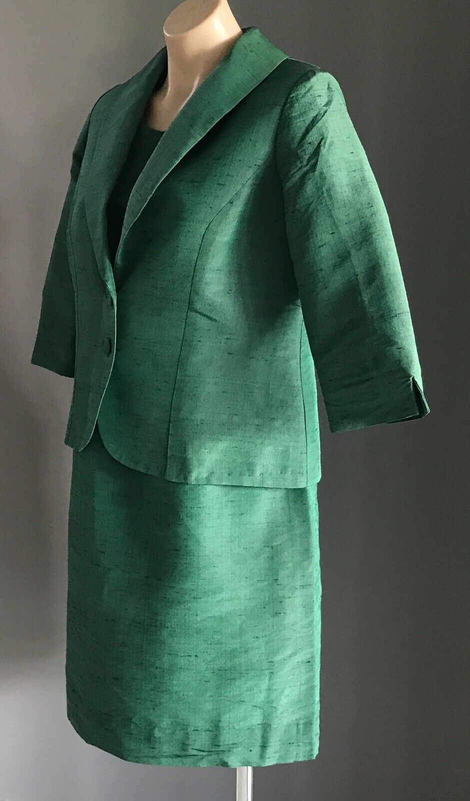 1990's Twin Set Dress & Jacket Green Thai Silk Handmade Tailored Sheath Sz 14 16