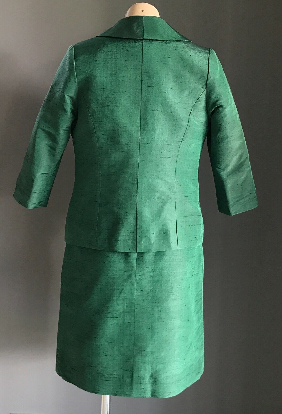 1990's Twin Set Dress & Jacket Green Thai Silk Handmade Tailored Sheath Sz 14 16