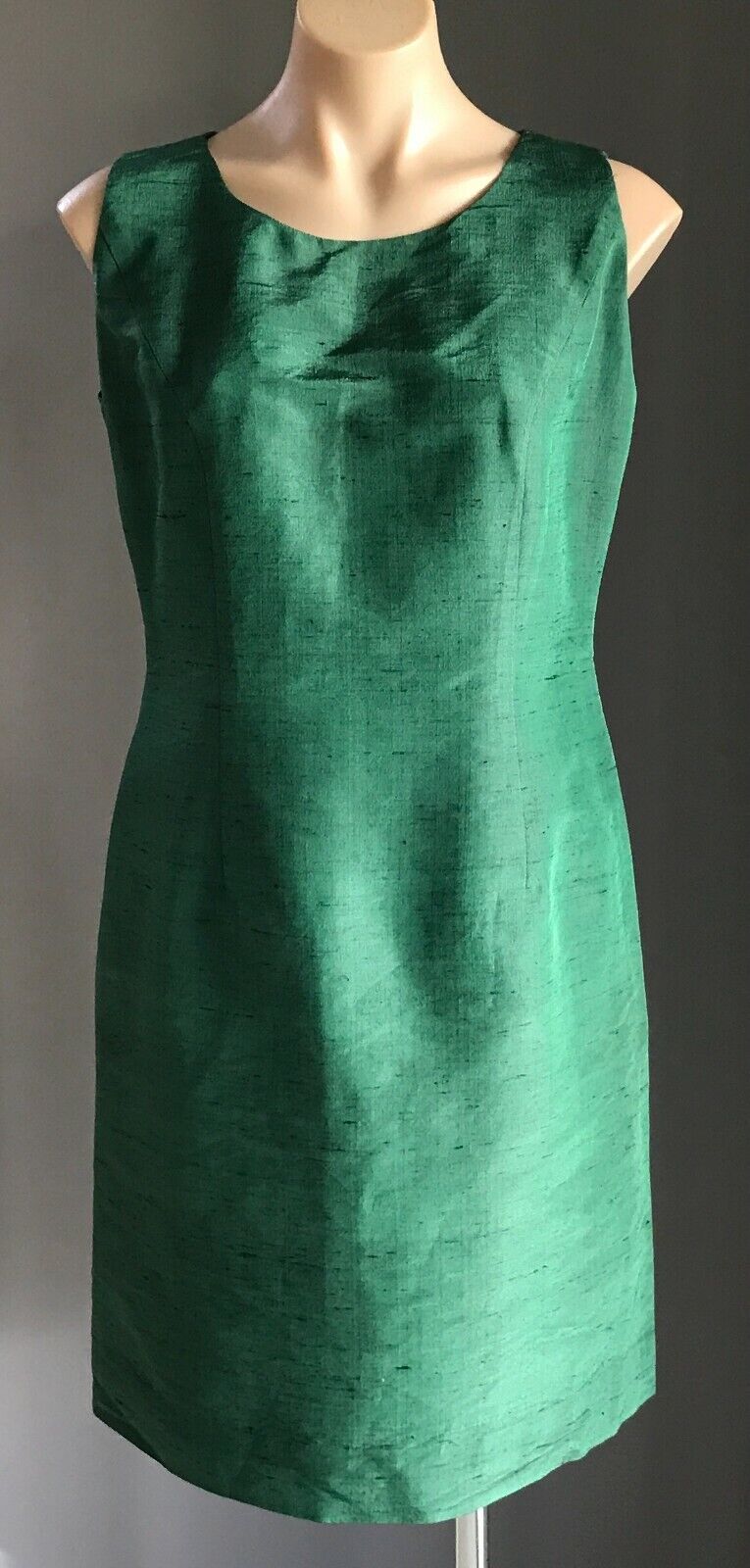 1990's Twin Set Dress & Jacket Green Thai Silk Handmade Tailored Sheath Sz 14 16