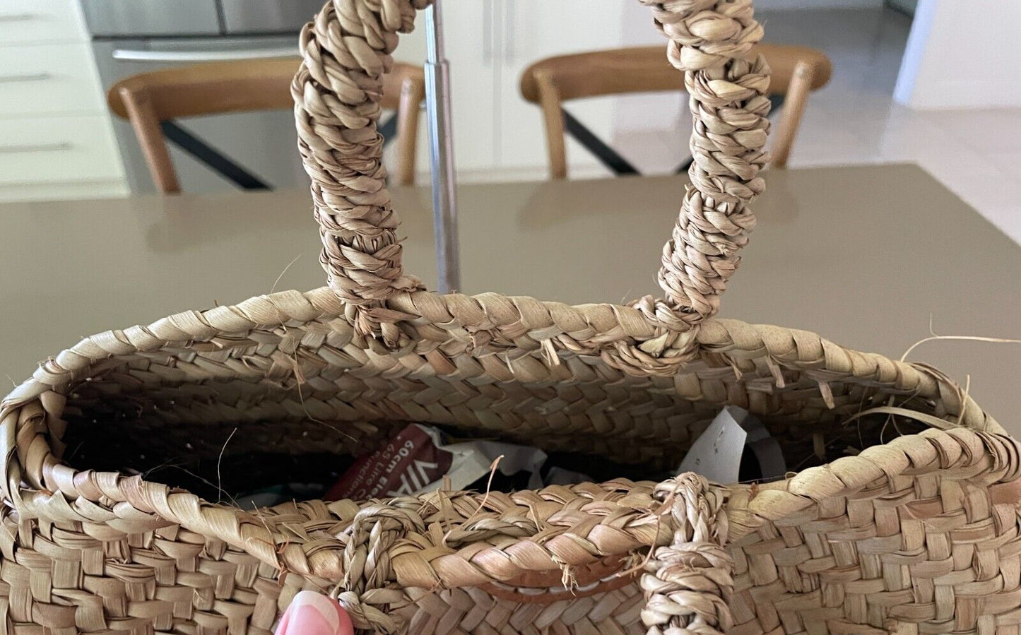 OLLI ELLA Round Shoulder Bag Natural Woven Rattan Tote Shopper Double Handles