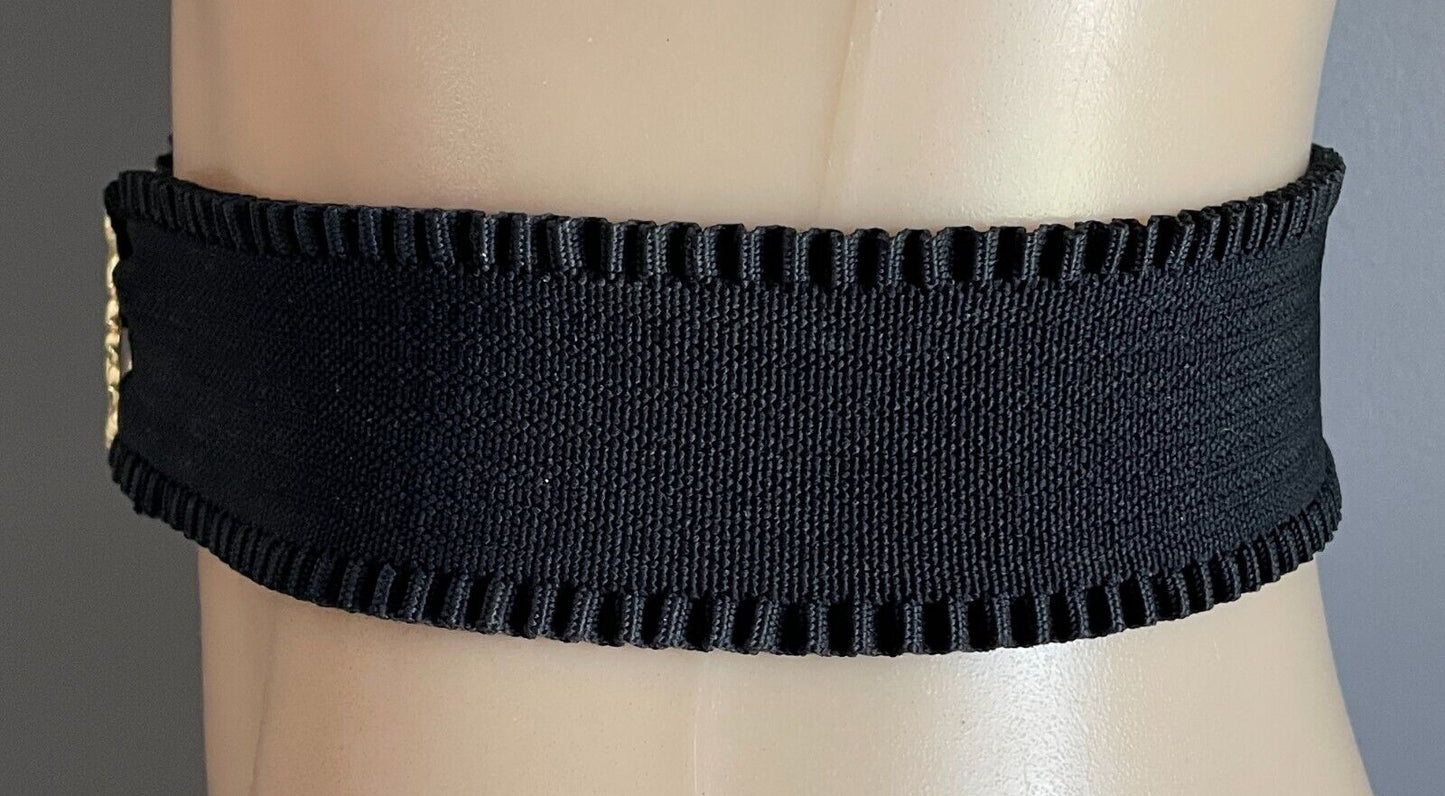 Ladies Belt Elastic Wide Black Ruffle Gold Interlocking Buckle Sz 12 14