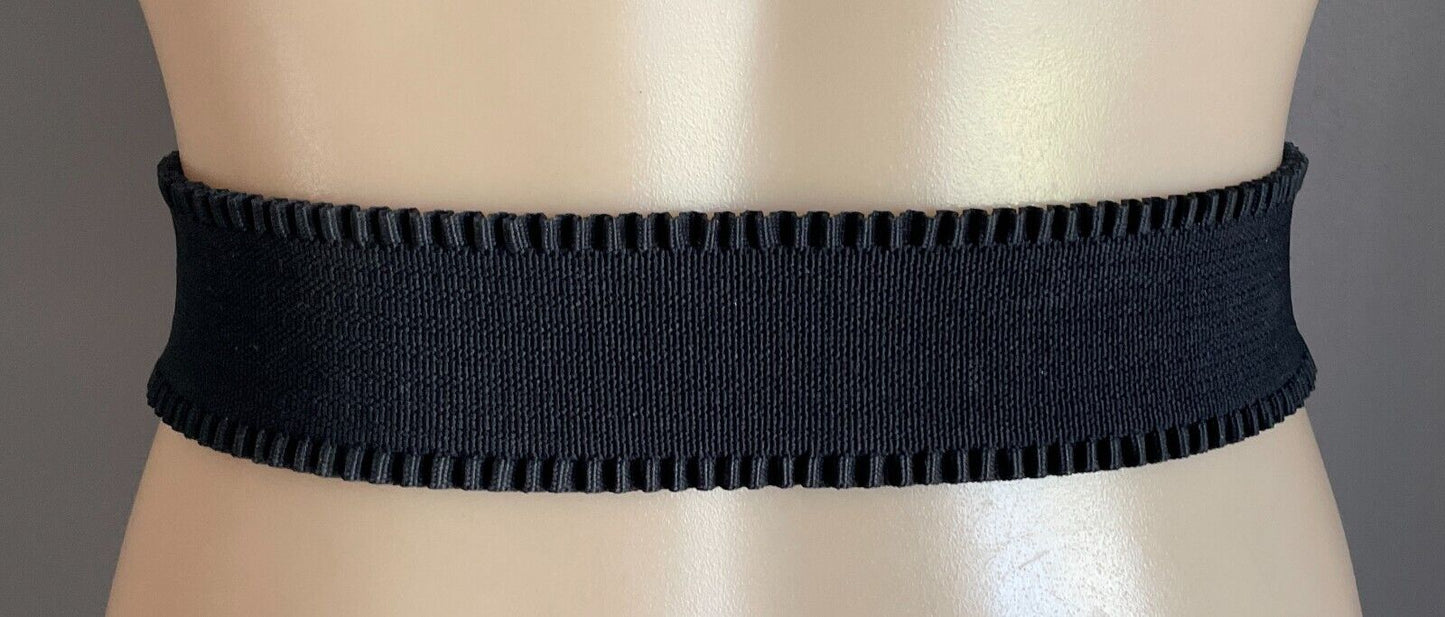 Ladies Belt Elastic Wide Black Ruffle Gold Interlocking Buckle Sz 12 14