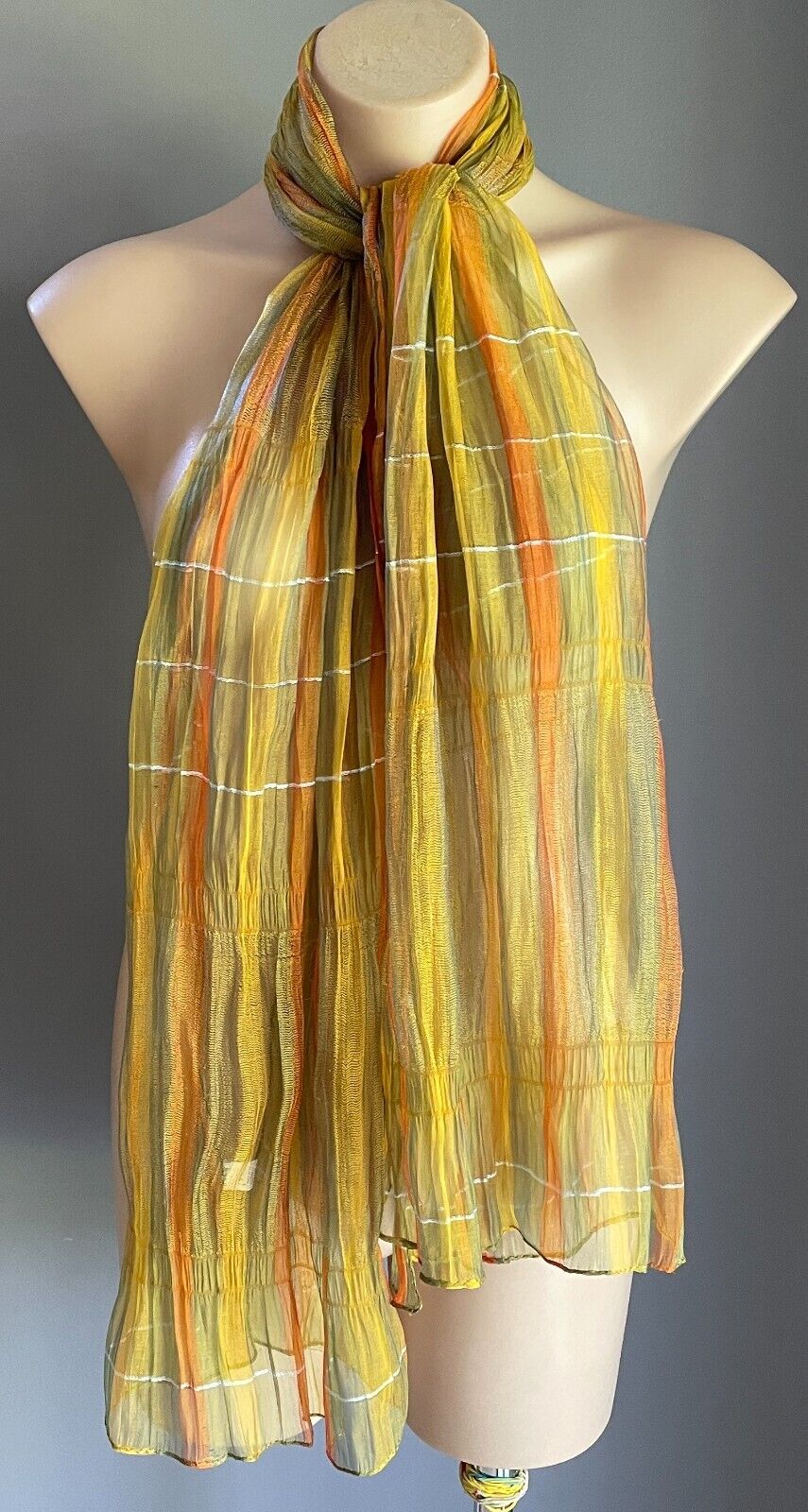 45% SILK Scarf Golden Yellow Orange Blue White Iridescent Fabric Shawl Rectangle