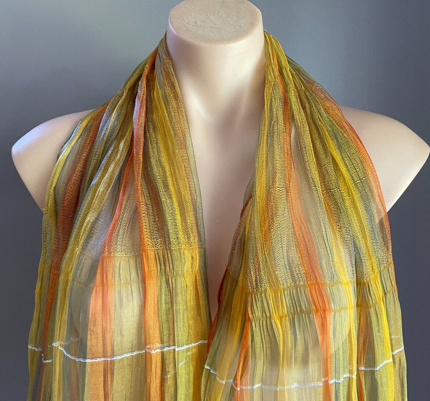 45% SILK Scarf Golden Yellow Orange Blue White Iridescent Fabric Shawl Rectangle