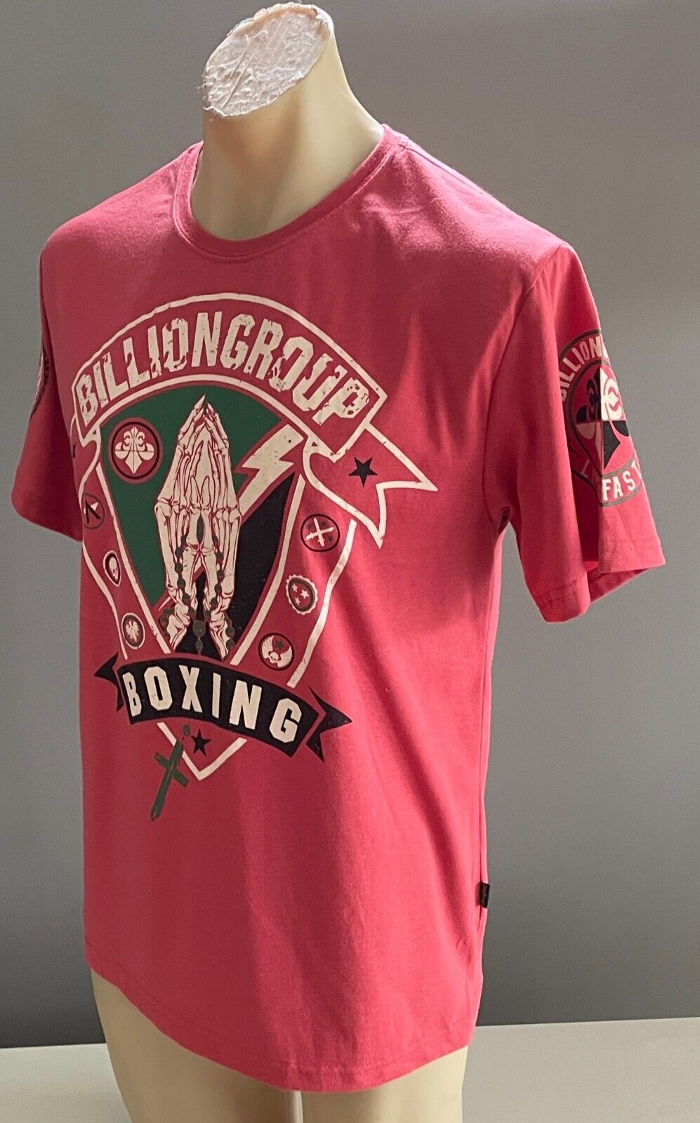 Mens T-Shirt BILLIONGROUP "Boxing" Coral Red Graphic Size M Short Sleeves NEW