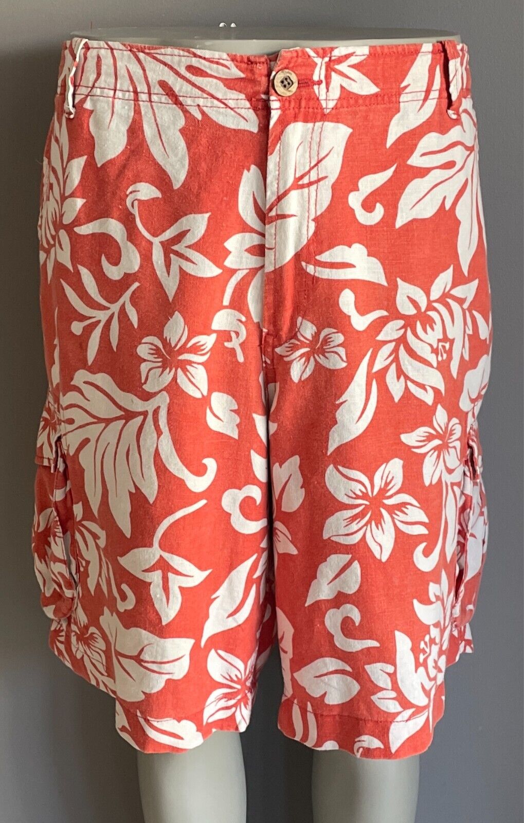 SPORTSCRAFT Cargo Shorts Orange White Mens Size 107 42 Tropical Linen Fabric
