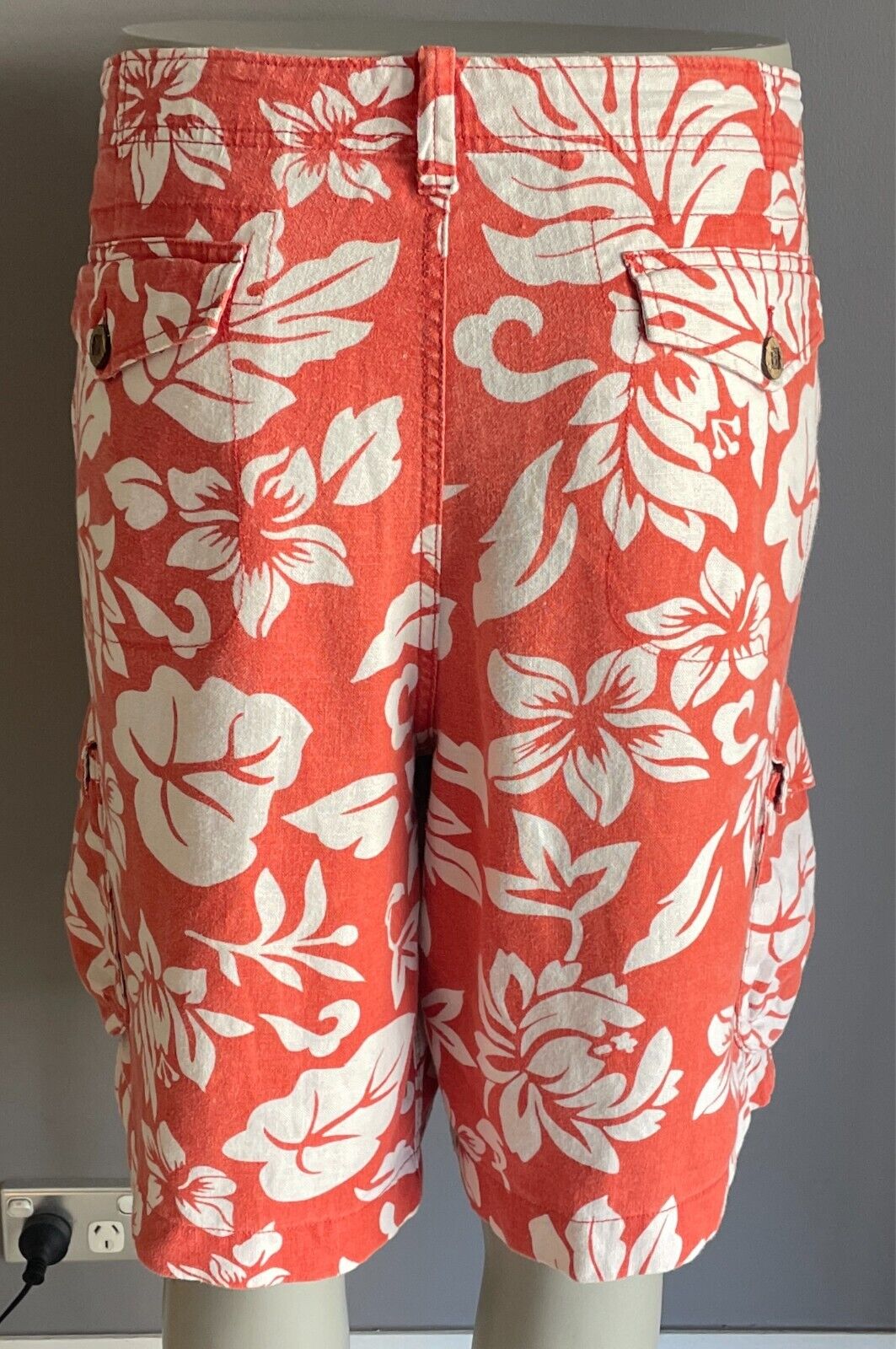 SPORTSCRAFT Cargo Shorts Orange White Mens Size 107 42 Tropical Linen Fabric