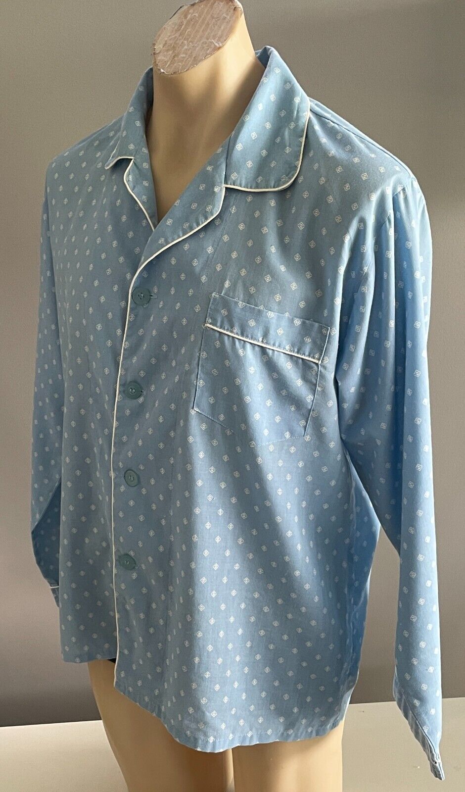 SOLUTIONS Pyjama Light Blue White Print Long Sleeve & Pants PJs Set Mens Size M