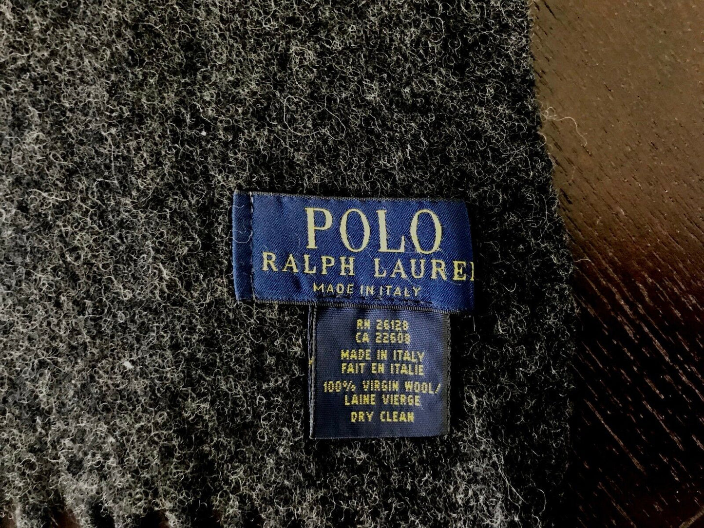 Mens Neck Scarf POLO RALPH LAUREN w Fringe Wool Charcoal Grey Logo Italy NEW